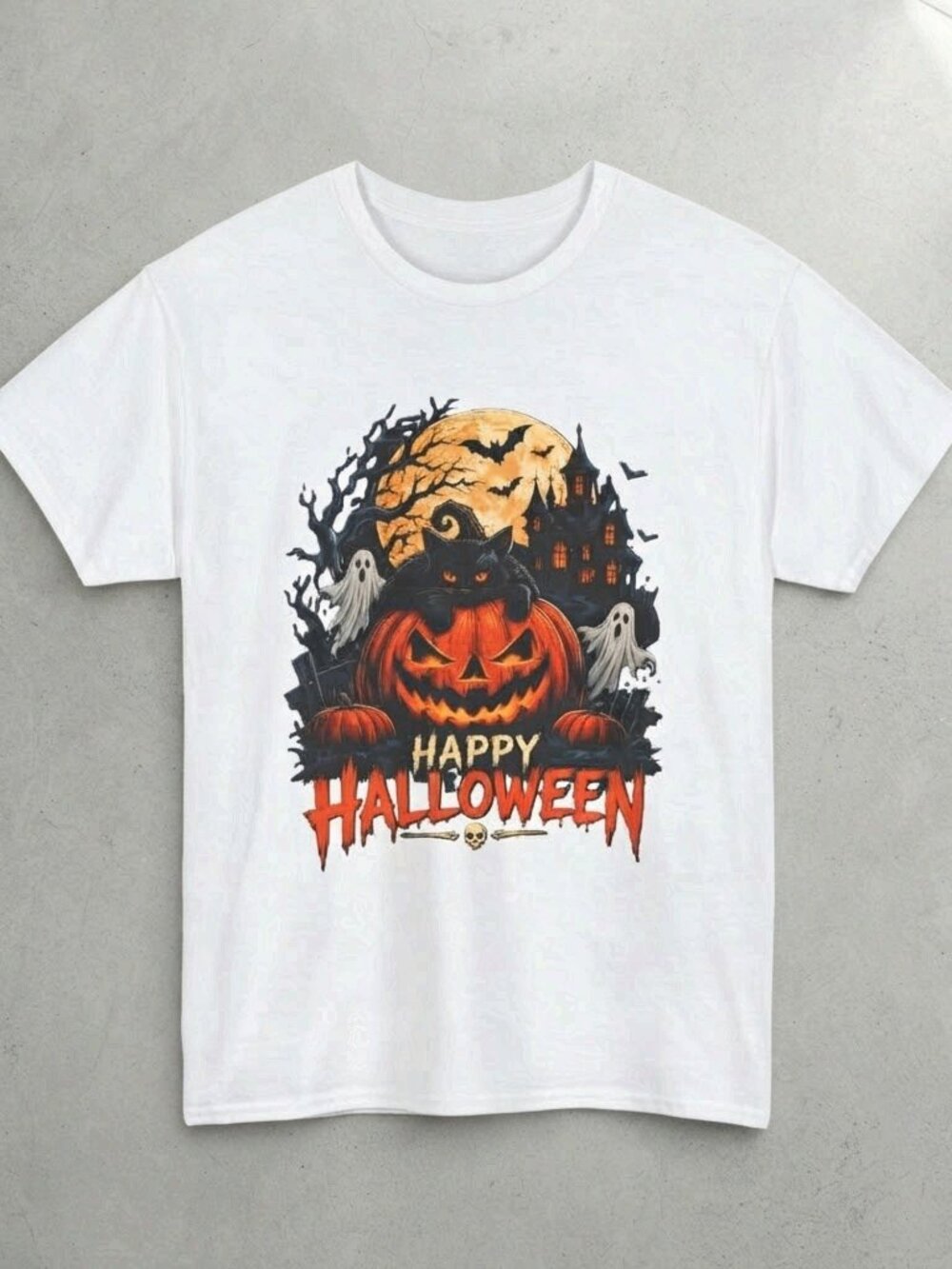 Jack-o'-Lantern Pumpkin Halloween Spooky Ghosts Full Moon White T-Shirt S-4XL